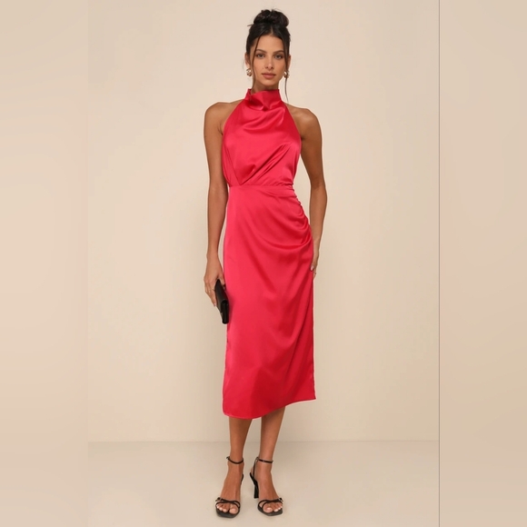 Lulus Gorgeous Season Bright Red Satin Backless Midi Dress S Wedding Party Prom - Picture 2 of 10
